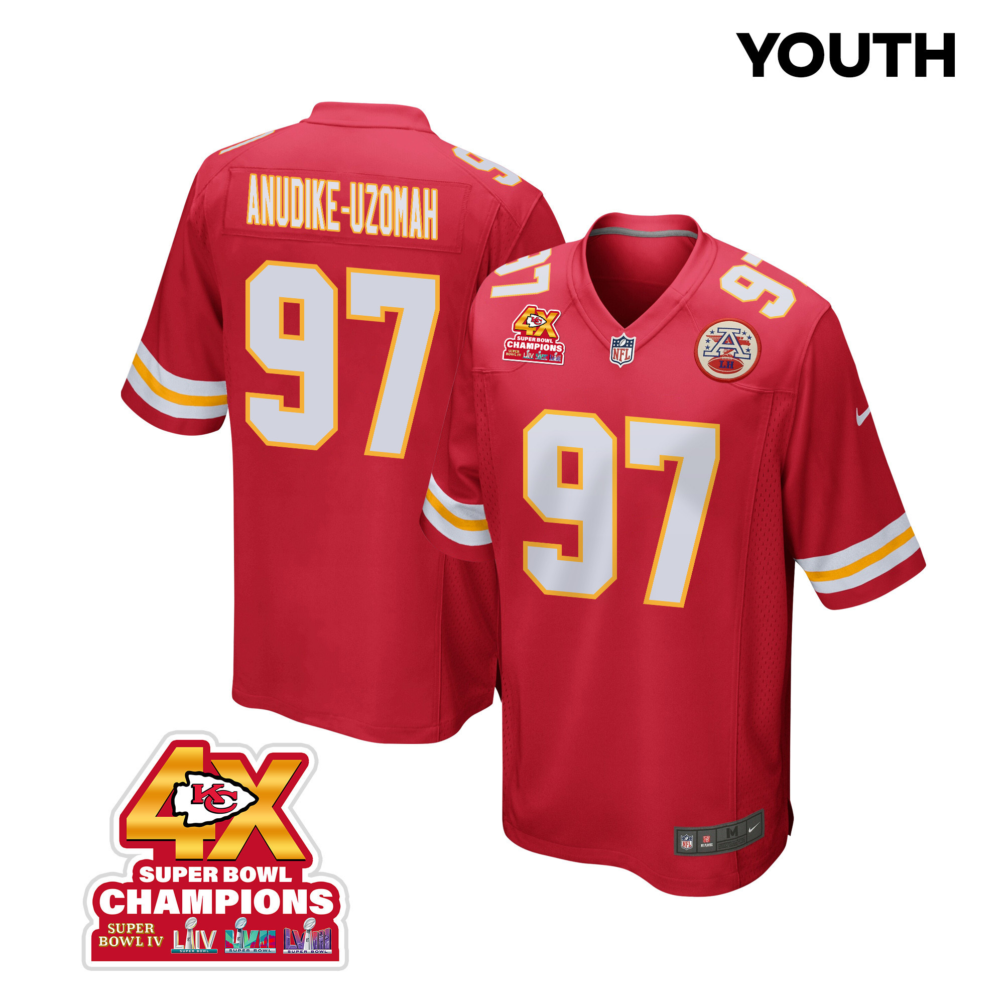 Felix Anudike-Uzomah 97 Kansas City Chiefs Super Bowl LVIII Champions 4X Game Red NFL Jersey Youth