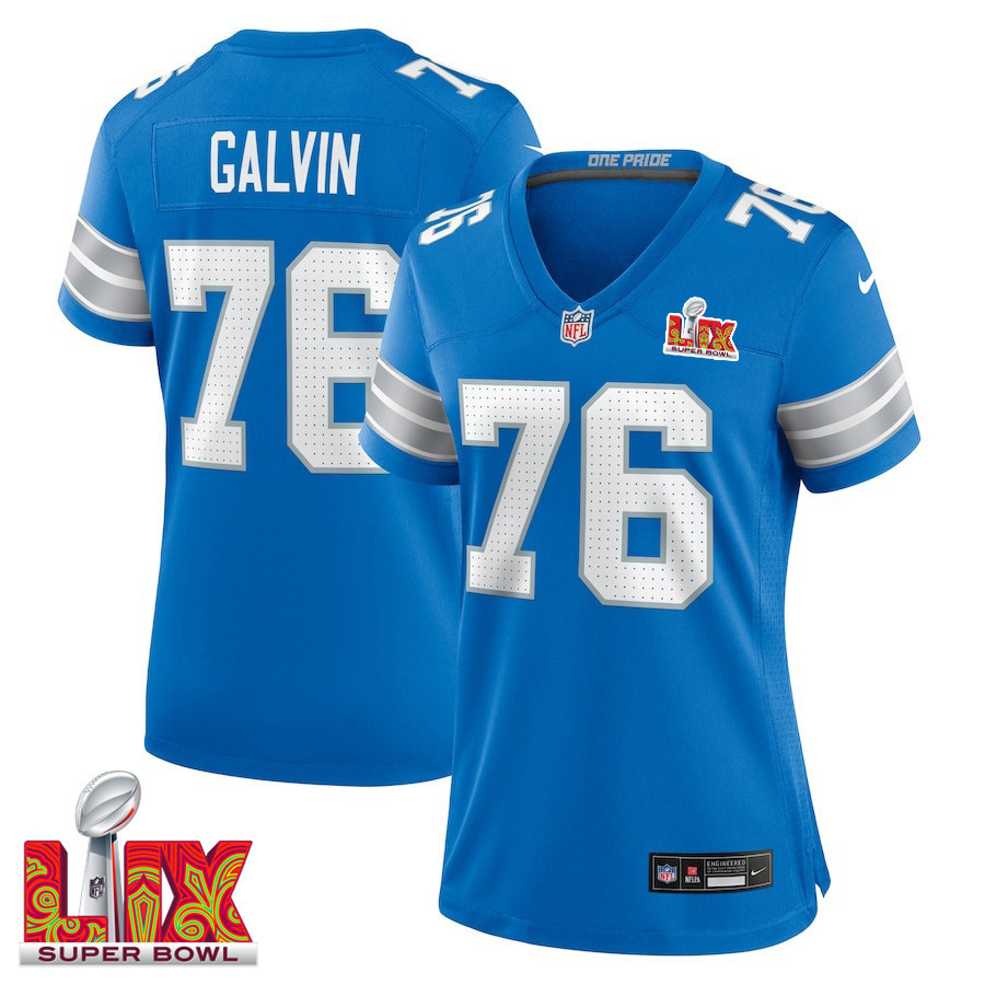 Connor Galvin #76 Detroit Lions Super Bowl LIX Blue NFL Jersey Women's