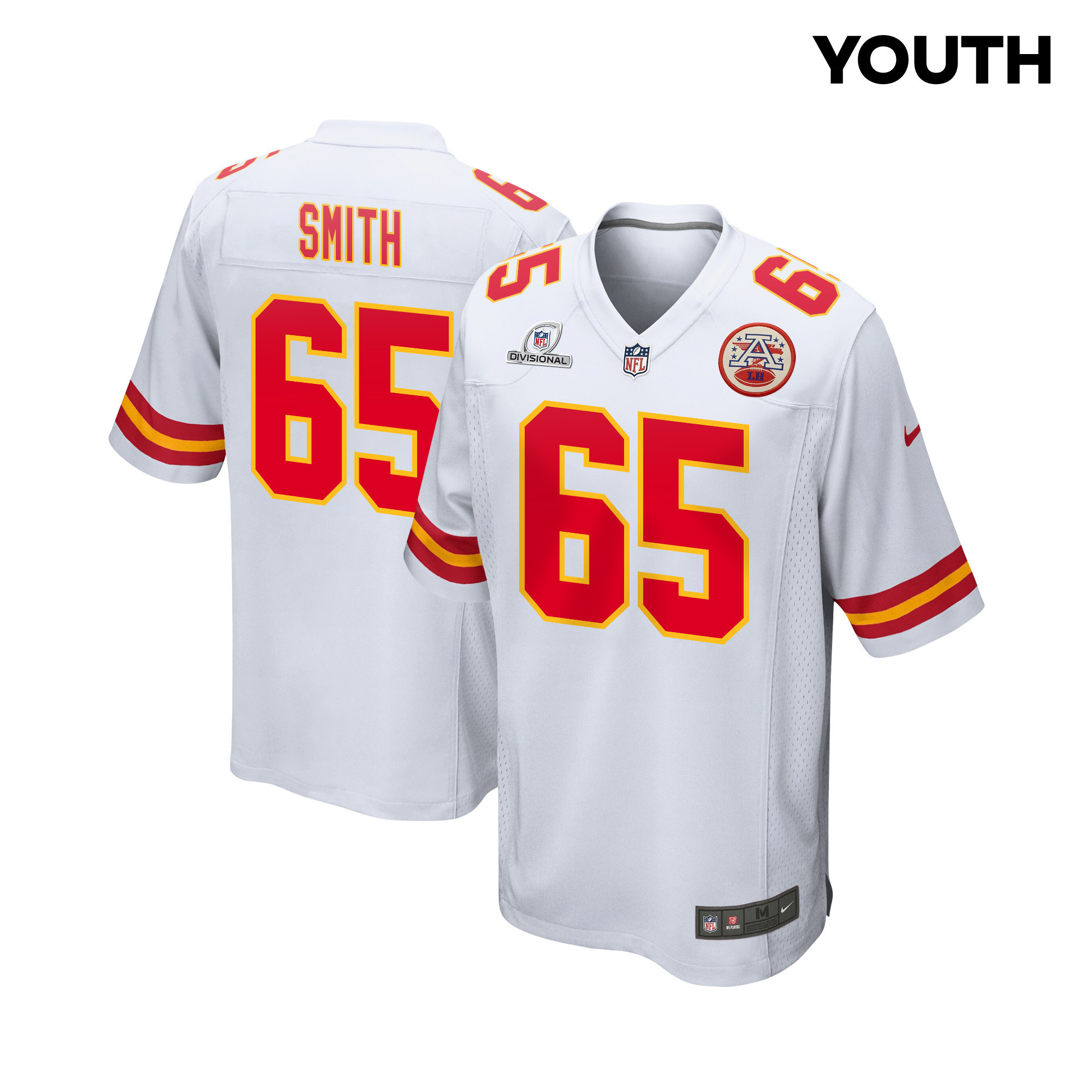 Trey Smith 65 Kansas City Chiefs Super Bowl LVIII Patch Game White NFL Jersey Youth