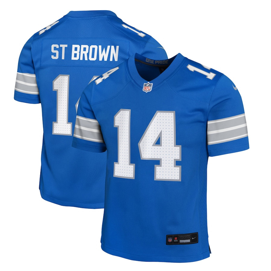Amon-Ra St. Brown 14 Detroit Lions Team Player Game Blue NFL Jersey Youth