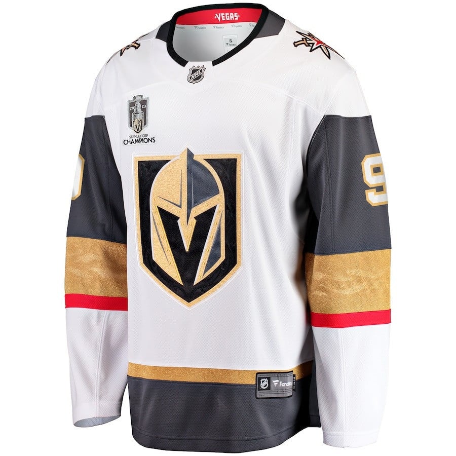 Jack Eichel 9 Vegas Golden Knights 2023 Stanley Cup Champions Patch Away Breakaway Player White NHL Jersey Men's