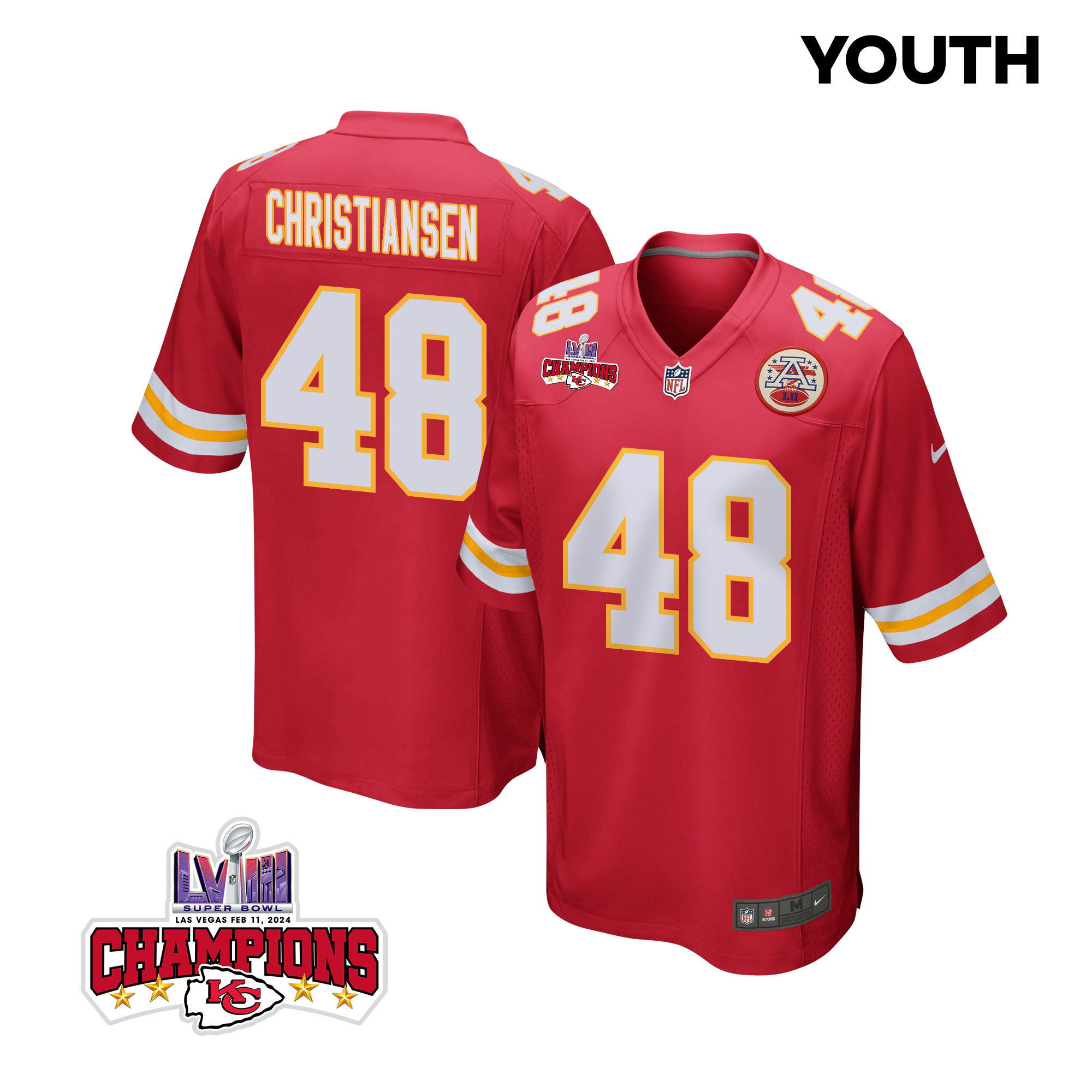 Cole Christiansen 48 Kansas City Chiefs Super Bowl LVIII Champions 4 Stars Patch Game Red NFL Jersey Youth