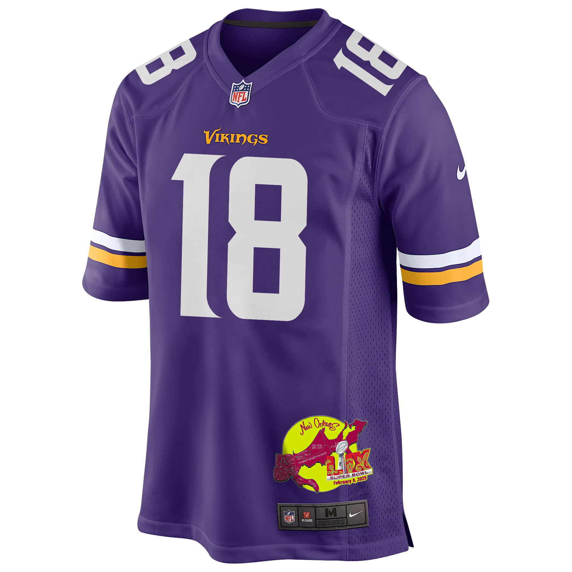 Justin Jefferson 18 Minnesota Vikings Super Bowl LIX New Orleans Patch Game Purple NFL Jersey Men's
