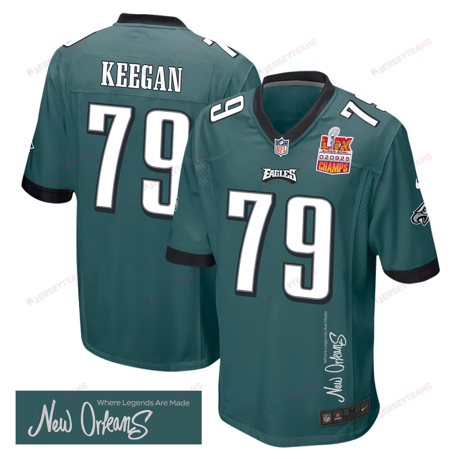 Trevor Keegan 79 Philadelphia Eagles Super Bowl LIX Champions Patch New Orleans Where Legends Are Made' EMBROIDERED Game Midnight Green NFL Jersey Men's