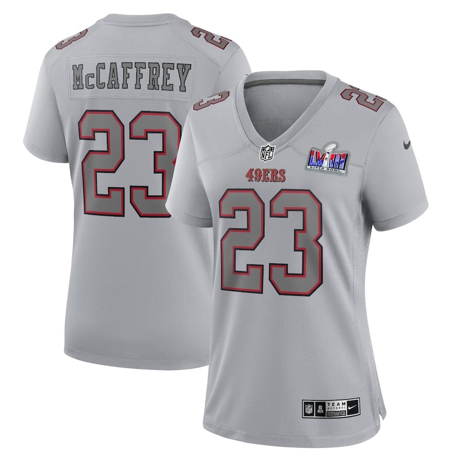Christian McCaffrey 23 San Francisco 49ers Super Bowl LVIII Atmosphere Fashion Game Gray NFL Jersey Women's