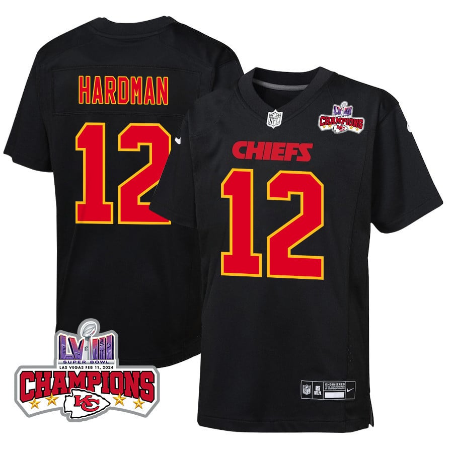 Mecole Hardman 12 Kansas City Chiefs Super Bowl LVIII Champions 4 Stars Patch Fashion Game Carbon Black NFL Jersey Youth