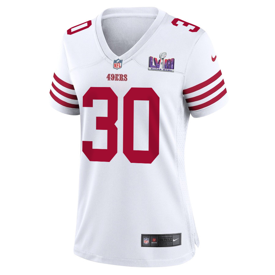 George Odum 30 San Francisco 49ers Super Bowl LVIII Patch Game White NFL Jersey Women's