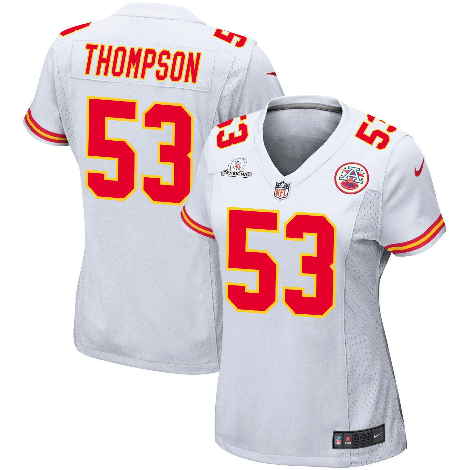 BJ Thompson 53 Kansas City Chiefs Super Bowl LVIII Patch Game White NFL Jersey Women's