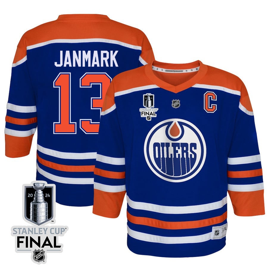 Mattias Janmark 13 Edmonton Oilers 2024 STANLEY CUP Final Home Royal NHL Jersey Youth
