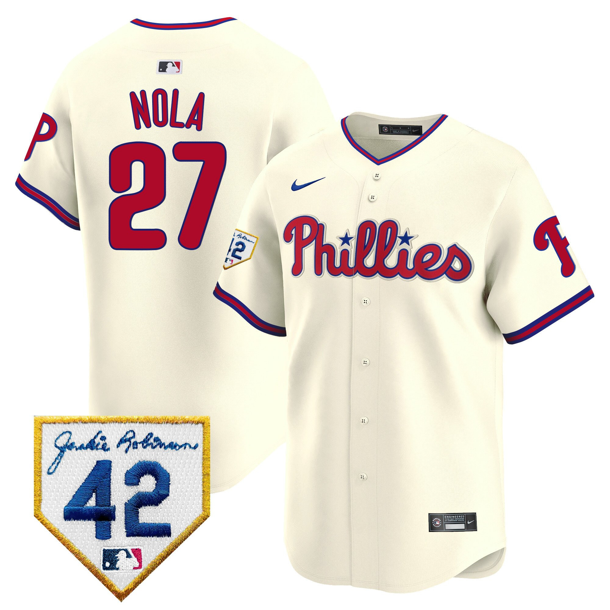 Aaron Nola 27 Philadelphia Phillies 2024 Jackie Robinson Patch Cream MLB Jersey Men's