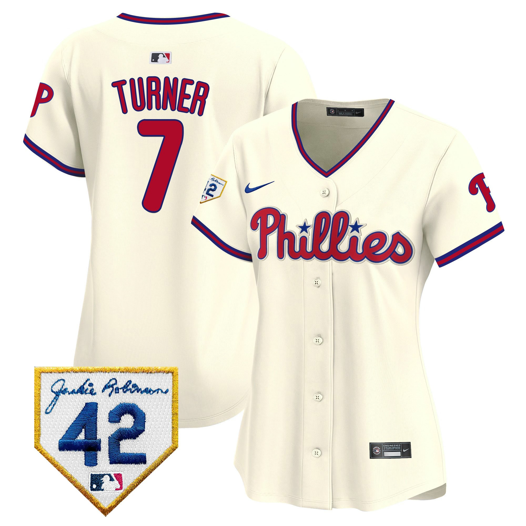 Trea Turner 7 Philadelphia Phillies 2024 Jackie Robinson Patch Cream MLB Jersey Women's