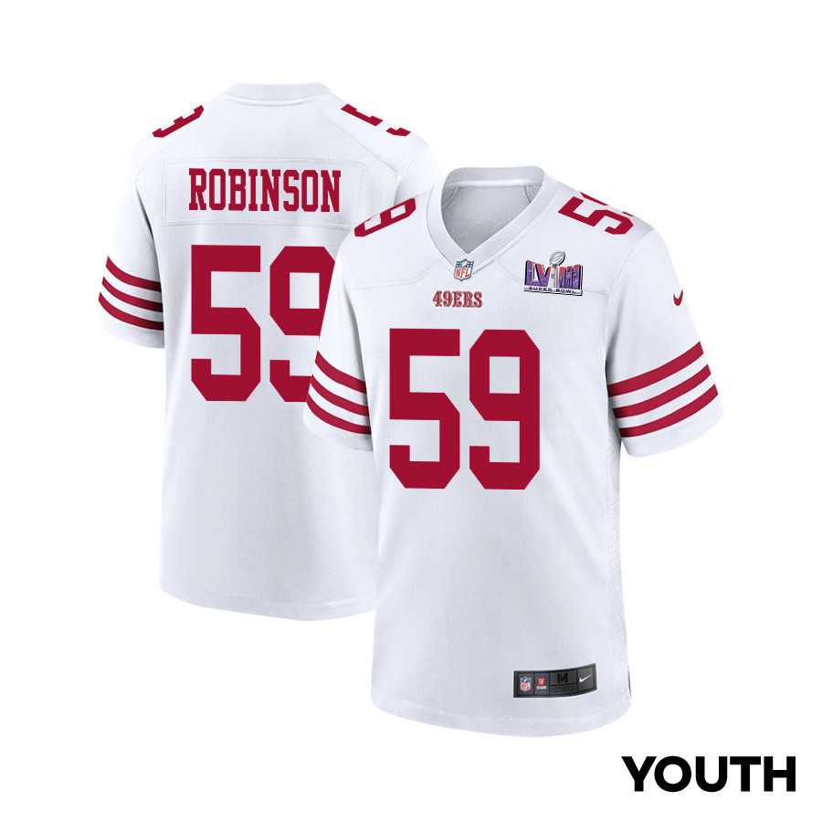 Curtis Robinson 59 San Francisco 49ers Super Bowl LVIII Patch Game White NFL Jersey Youth