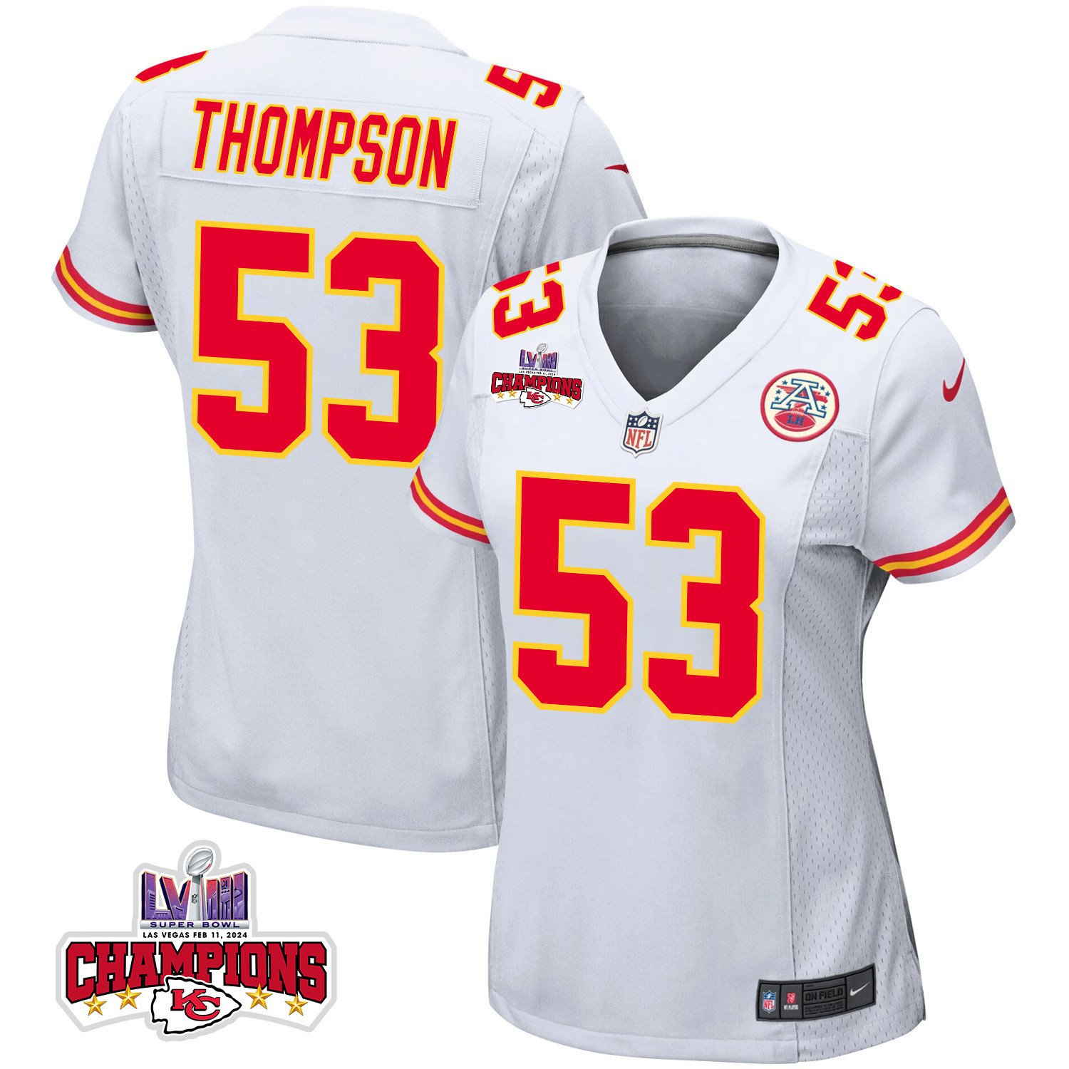 BJ Thompson 53 Kansas City Chiefs Super Bowl LVIII Champions 4 Stars Patch Game White NFL Jersey Women's