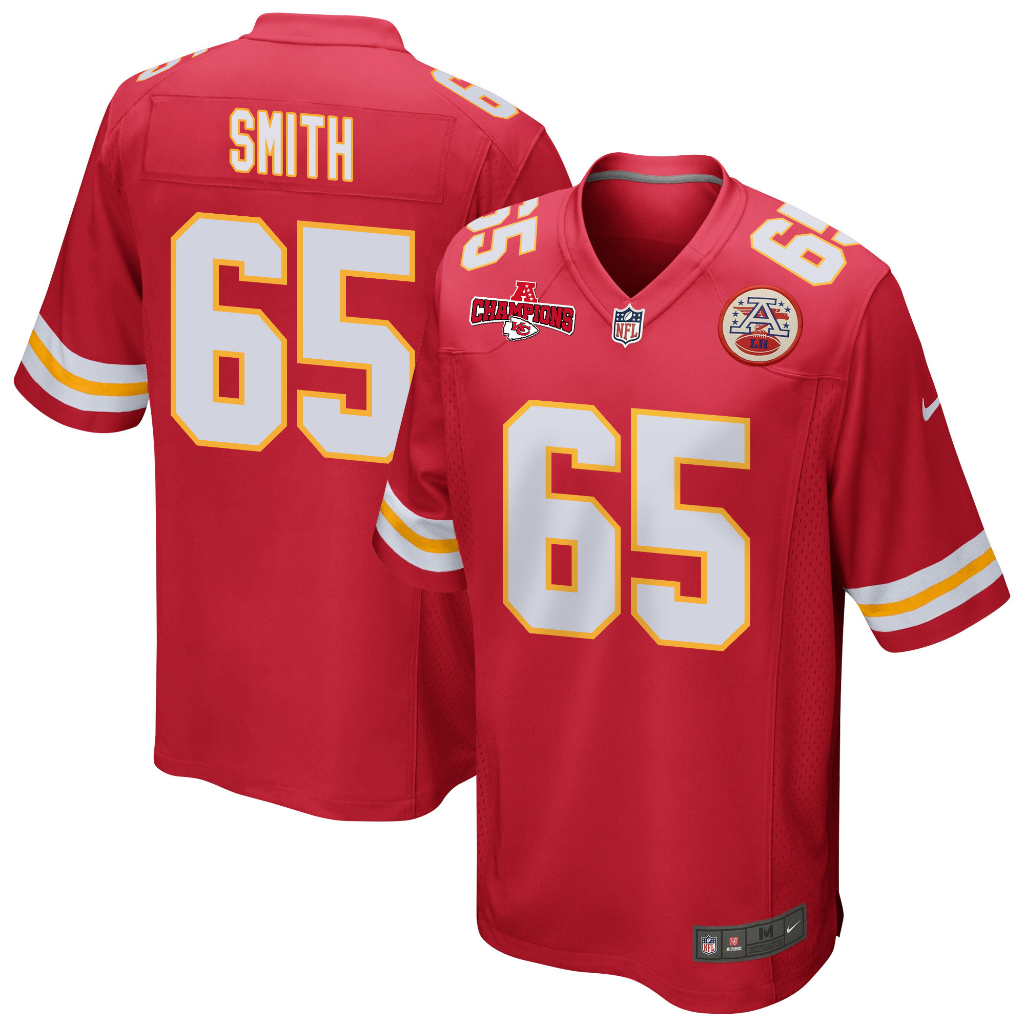 Trey Smith 65 Kansas City Chiefs AFC Champions Patch Game Red NFL Jersey Men's