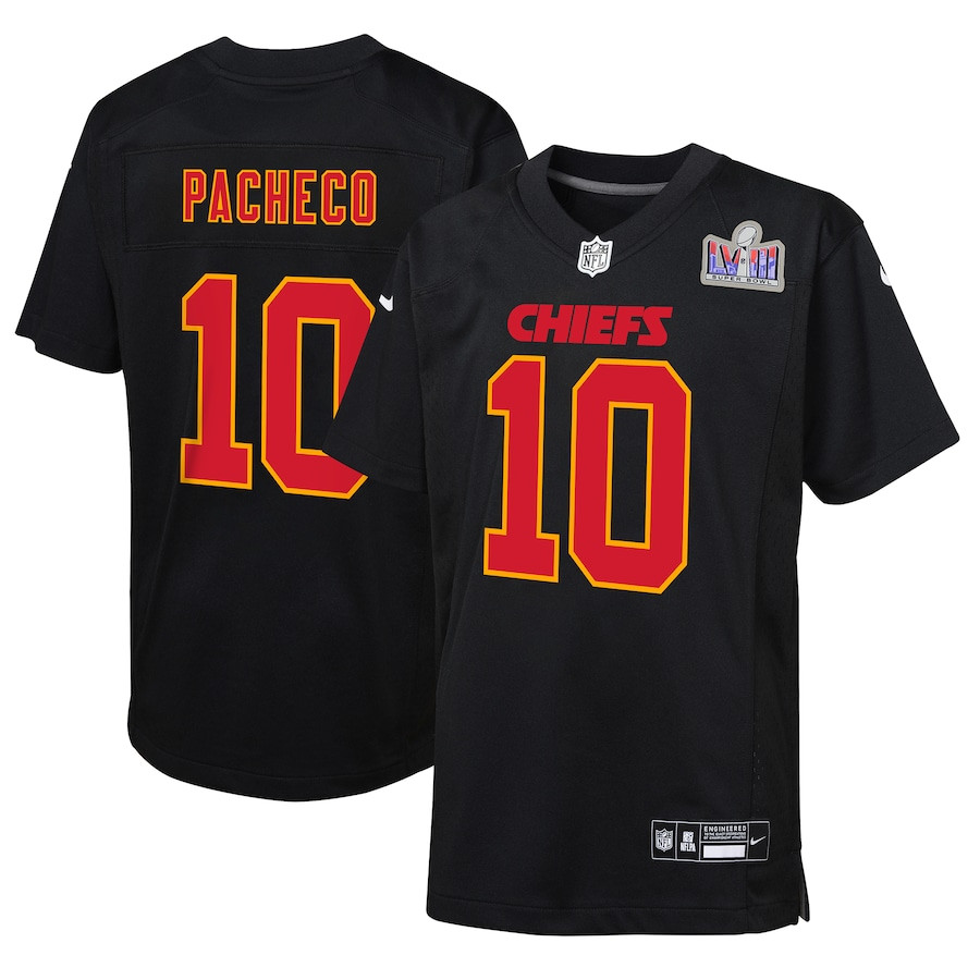 Isiah Pacheco 10 Kansas City Chiefs Super Bowl LVIII Patch Fashion Game Carbon Black NFL Jersey Youth