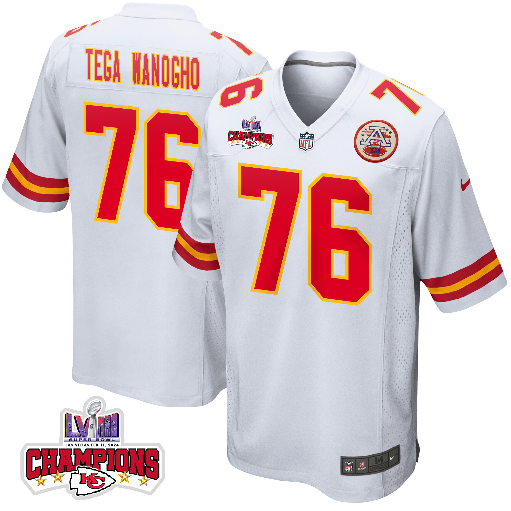 Prince Tega Wanogho 76 Kansas City Chiefs Super Bowl LVIII Champions 4 Stars Patch Game White NFL Jersey Men's