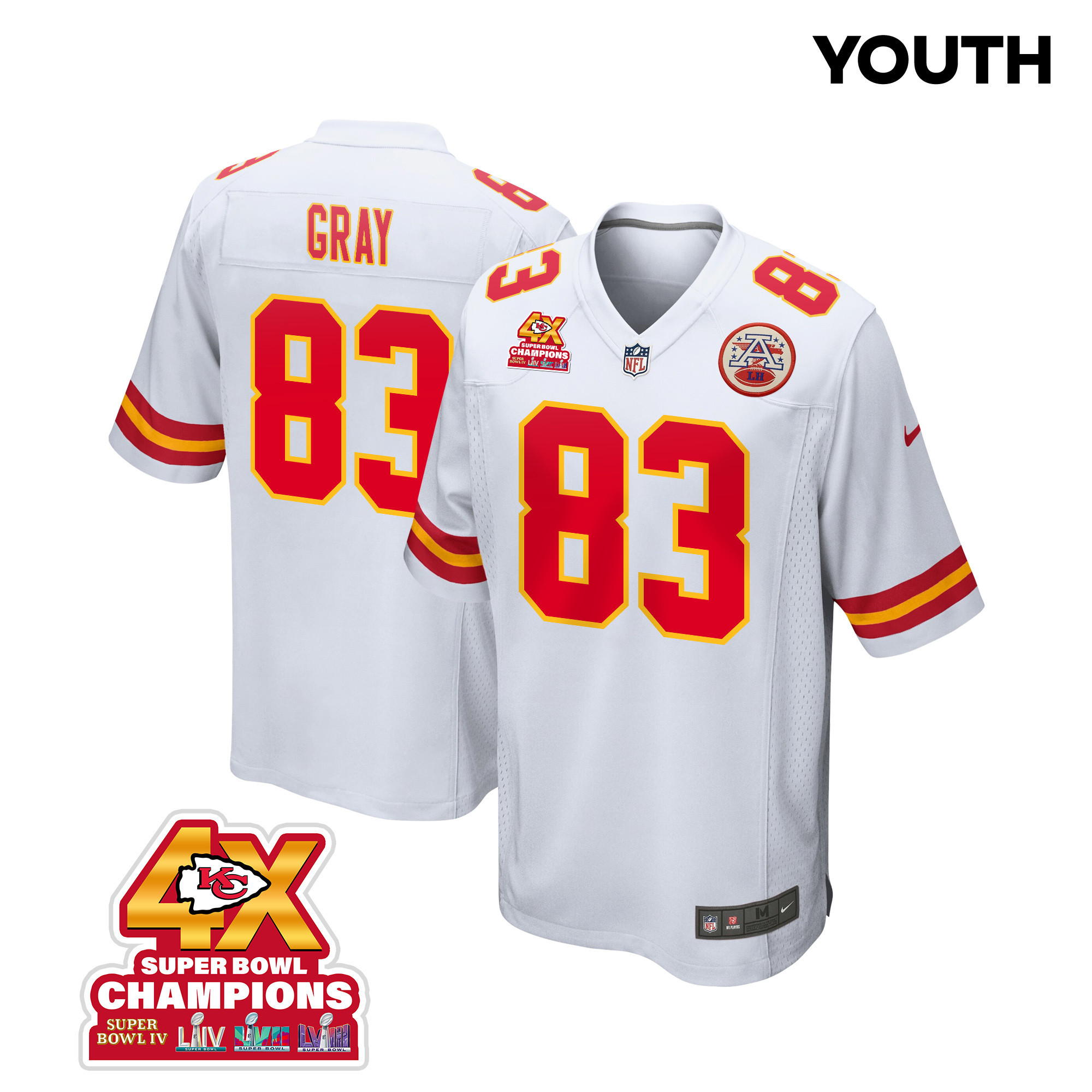 Noah Gray 83 Kansas City Chiefs Super Bowl LVIII Champions 4X Game White NFL Jersey Youth
