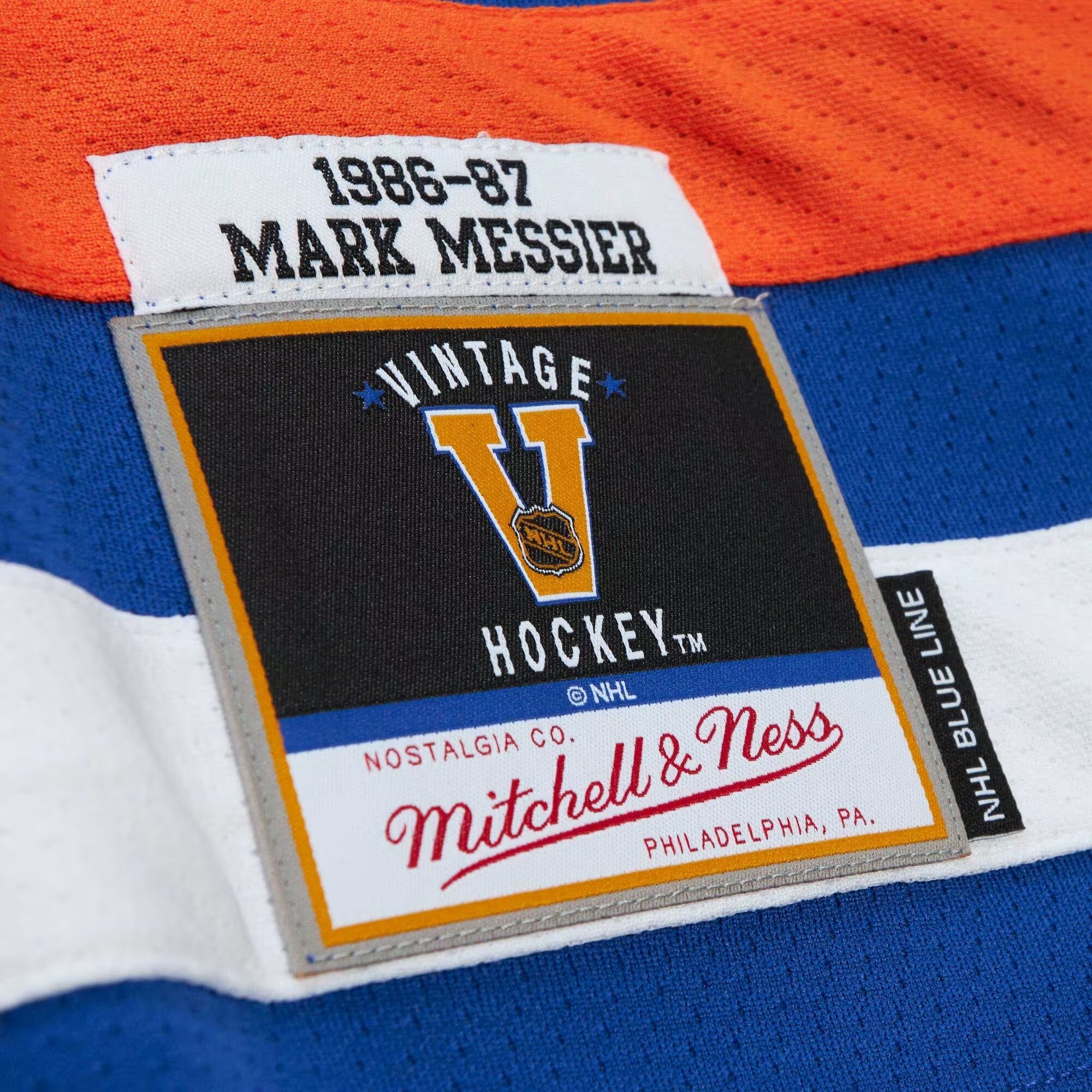 Edmonton Oilers Mark Messier Mitchell Ness Royal Alternate Captain Patch 1986/87 Blue Line Player NHL Jersey Men's