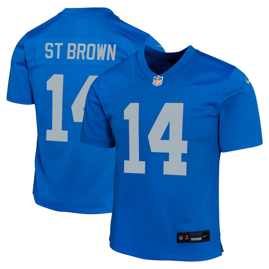 Amon-Ra St. Brown 14 Detroit Lions Alternate Game Blue NFL Jersey Youth