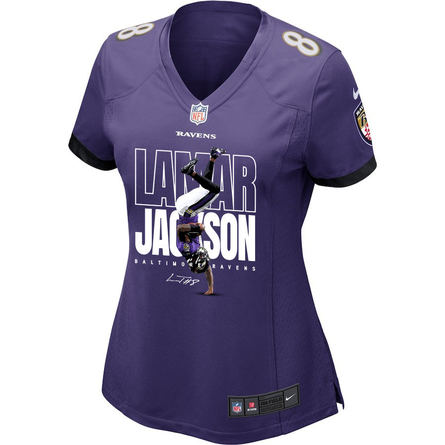 Lamar Jackson 8 Baltimore Ravens Lamar the Merrier Game Purple NFL Jersey Women's