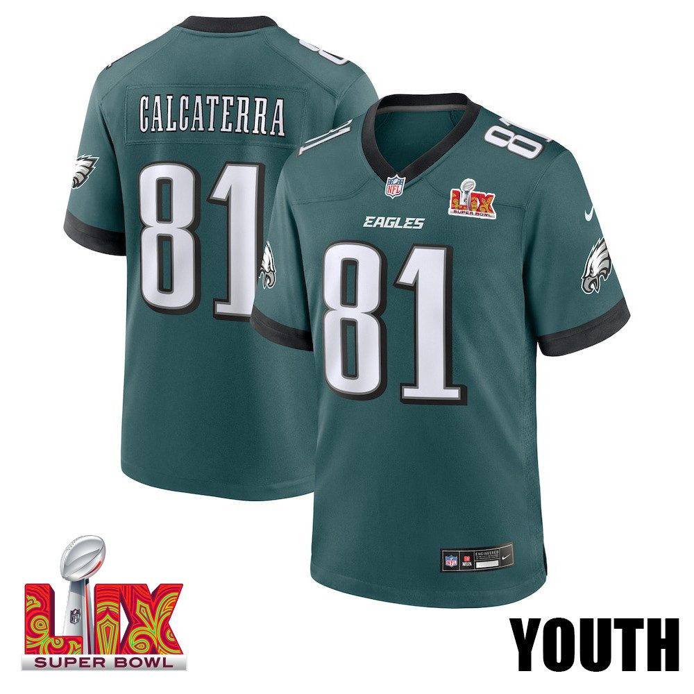 Grant Calcaterra #81 Philadelphia Eagles Super Bowl LIX Midnight Green NFL Jersey Youth