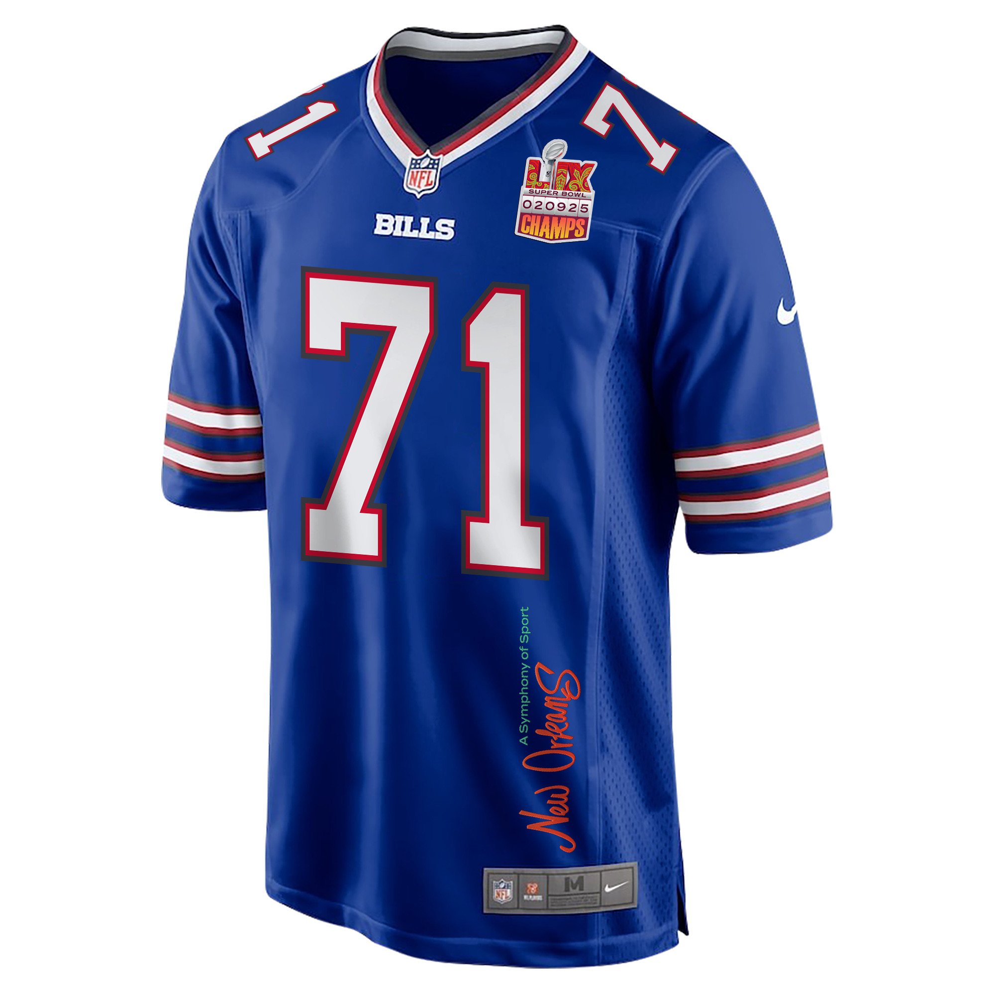 Quinton Jefferson 71 Buffalo Bills Super Bowl LIX Champions Patch New Orleans A Symphony of Sport' EMBROIDERED Game Royal NFL Jersey Men's