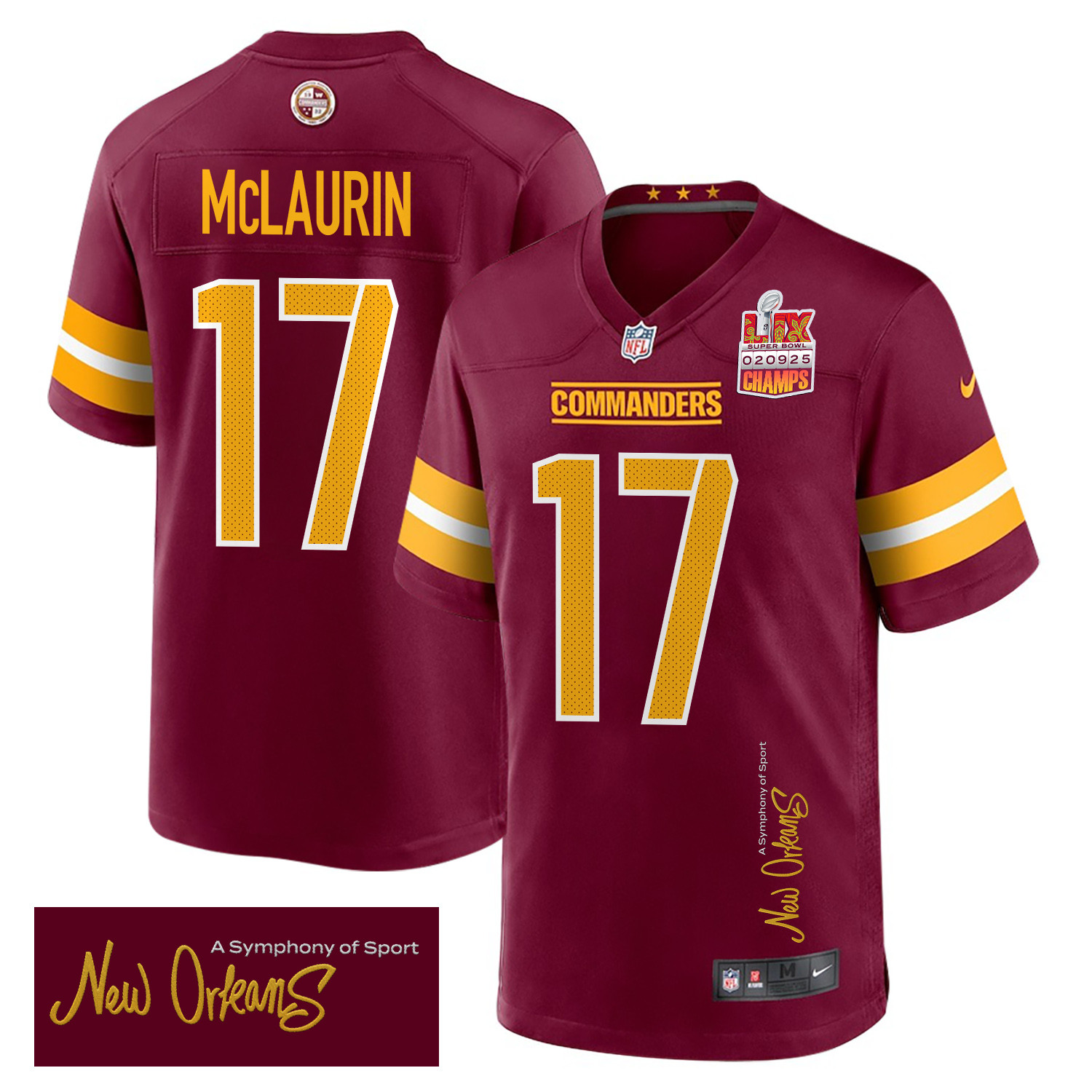 Terry McLaurin 17 Washington Commanders Super Bowl LIX Champions Patch New Orleans A Symphony of Sport' EMBROIDERED Game Burgundy NFL Jersey Men's