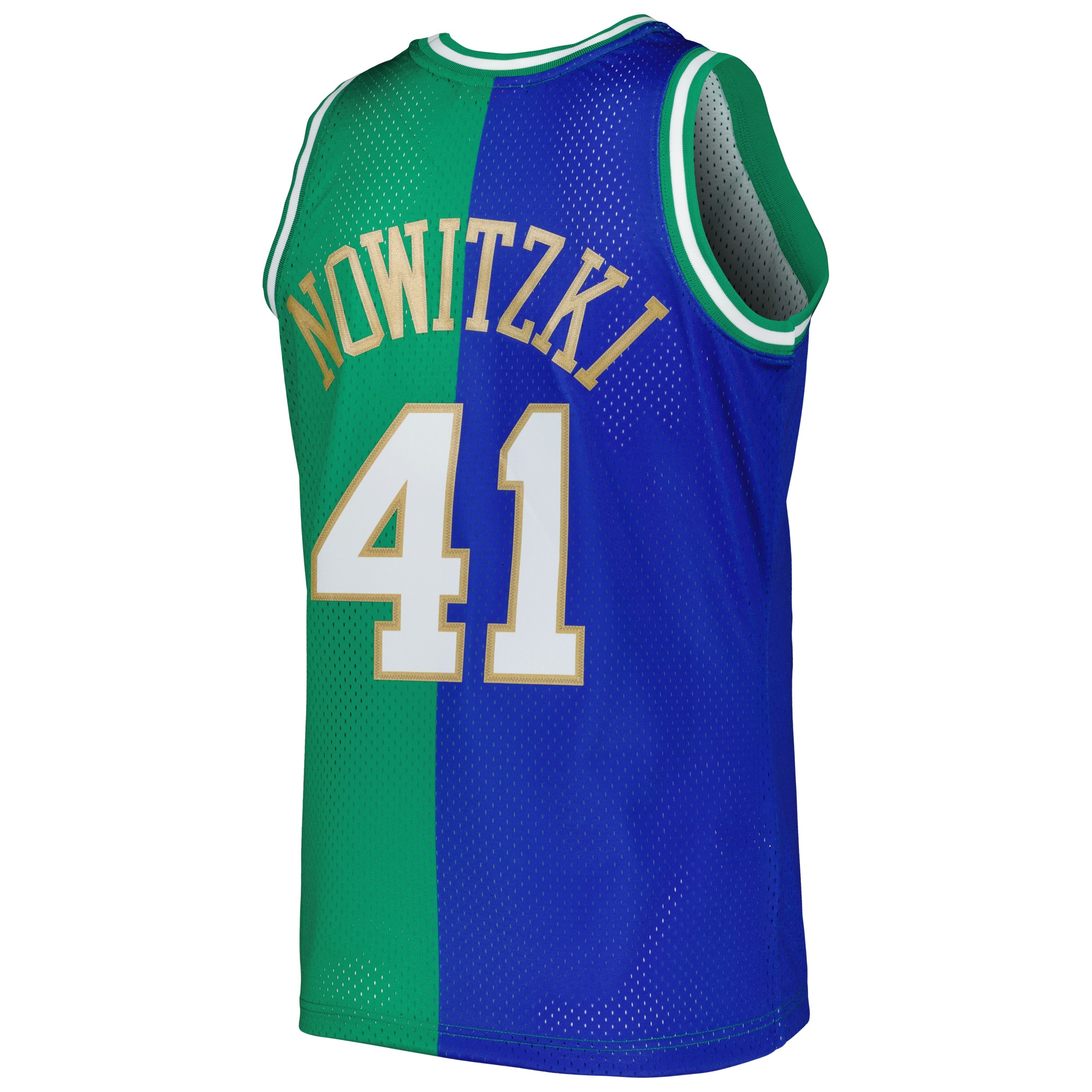 Mitchell Ness Dirk Nowitzki Blue/Green Dallas Mavericks Hardwood Classics 1998/2019 Split Swingman NBA Jersey Men's
