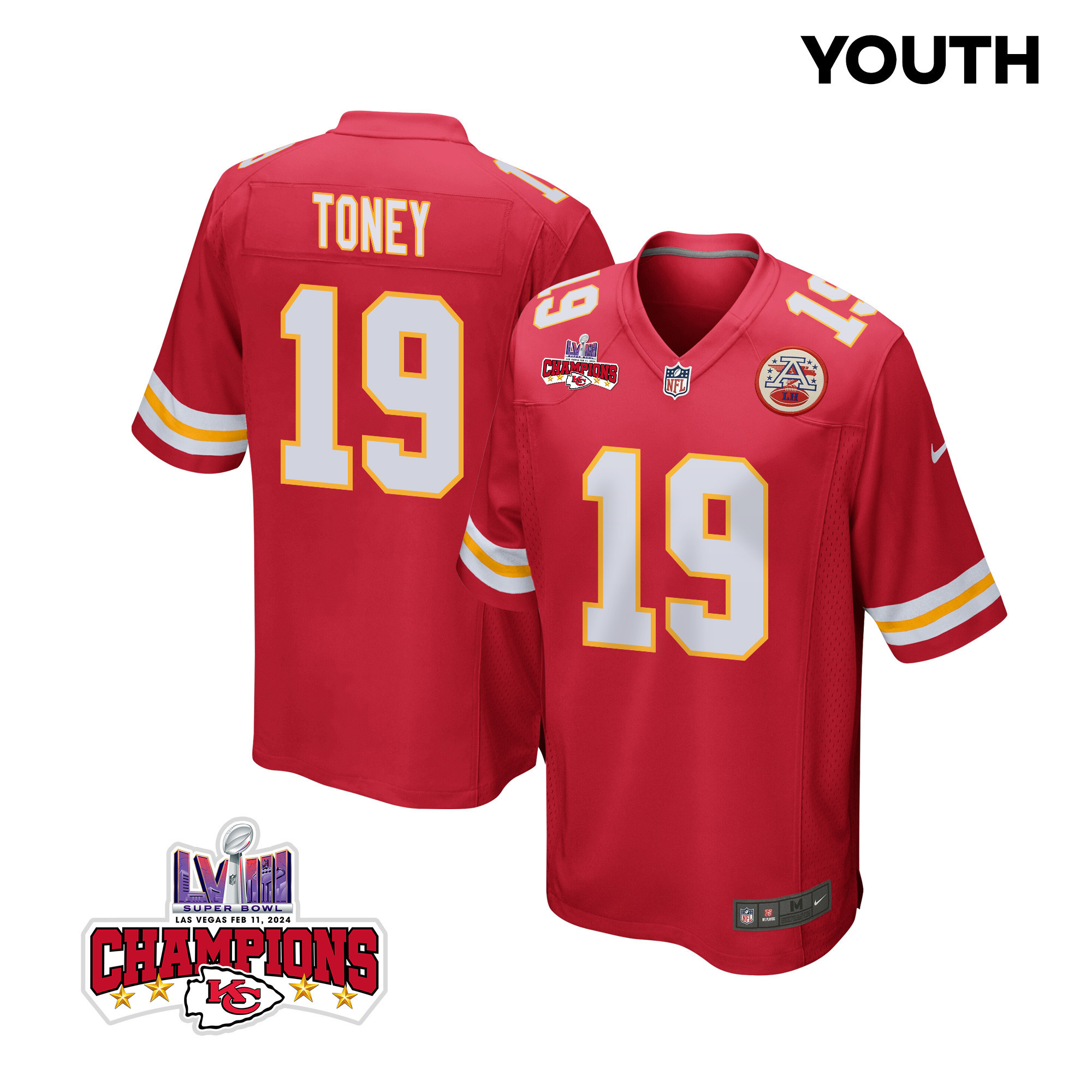 Kadarius Toney 19 Kansas City Chiefs Super Bowl LVIII Champions 4 Stars Patch Game Red NFL Jersey Youth