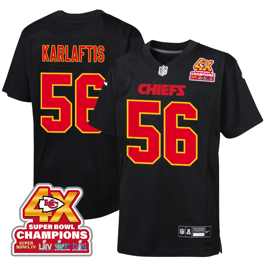 George Karlaftis 56 Kansas City Chiefs Super Bowl LVIII Champions 4X Fashion Game Carbon Black NFL Jersey Youth