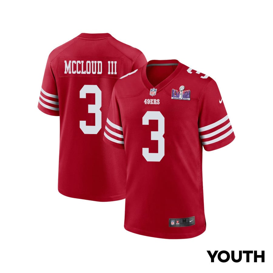 Ray-Ray McCloud III 3 San Francisco 49ers Super Bowl LVIII Patch Game Scarlet NFL Jersey Youth