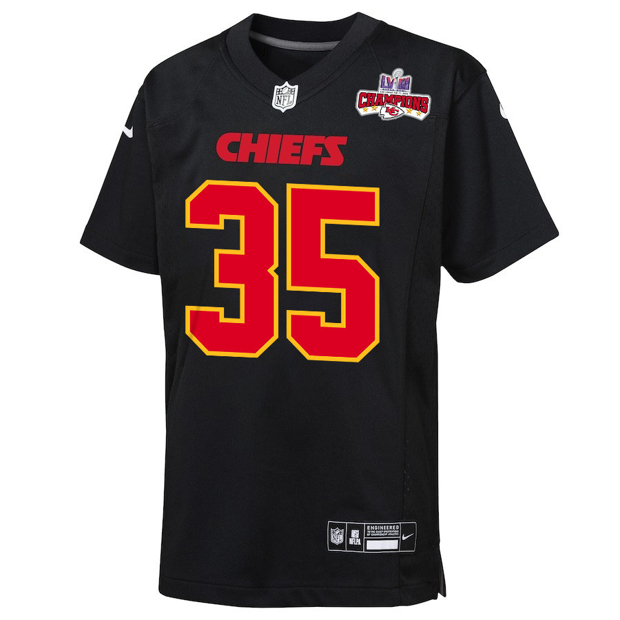 Jaylen Watson 35 Kansas City Chiefs Super Bowl LVIII Champions 4 Stars Patch Fashion Game Carbon Black NFL Jersey Youth