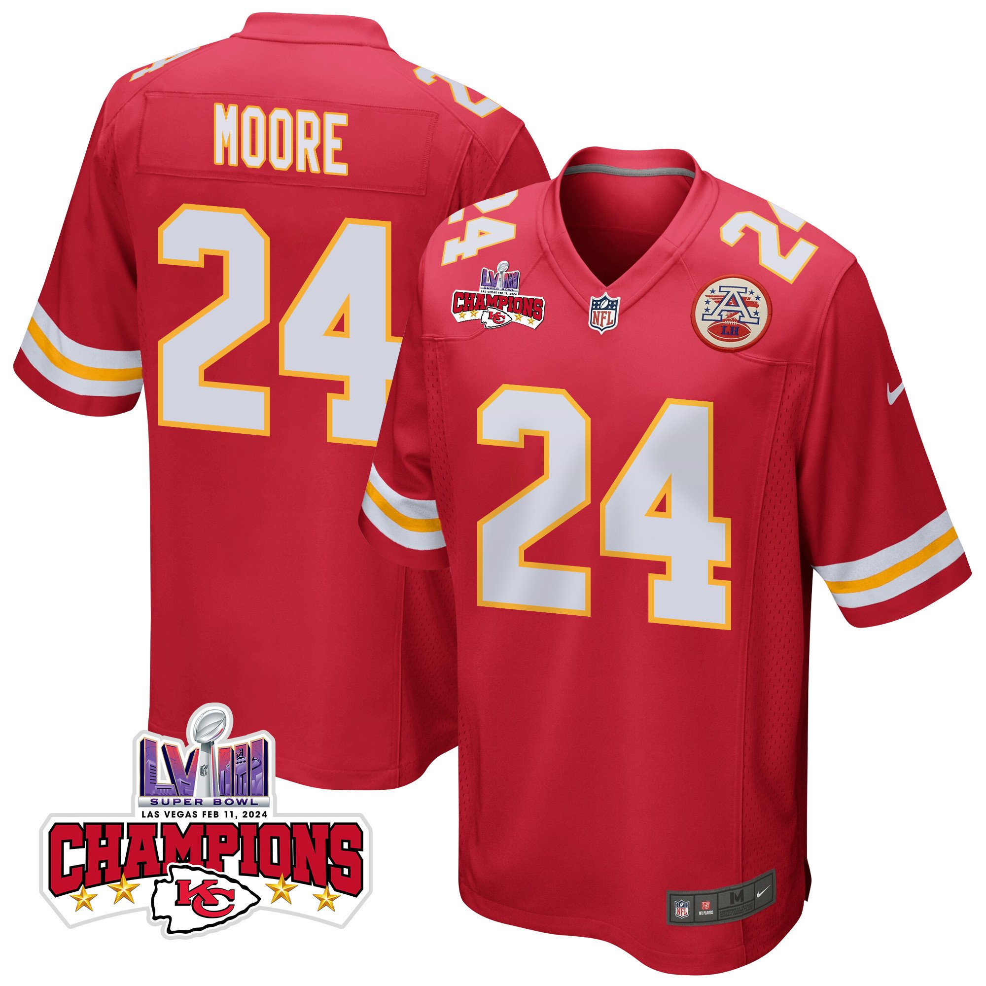 Skyy Moore 24 Kansas City Chiefs Super Bowl LVIII Champions 4 Stars Patch Game Red NFL Jersey Men's