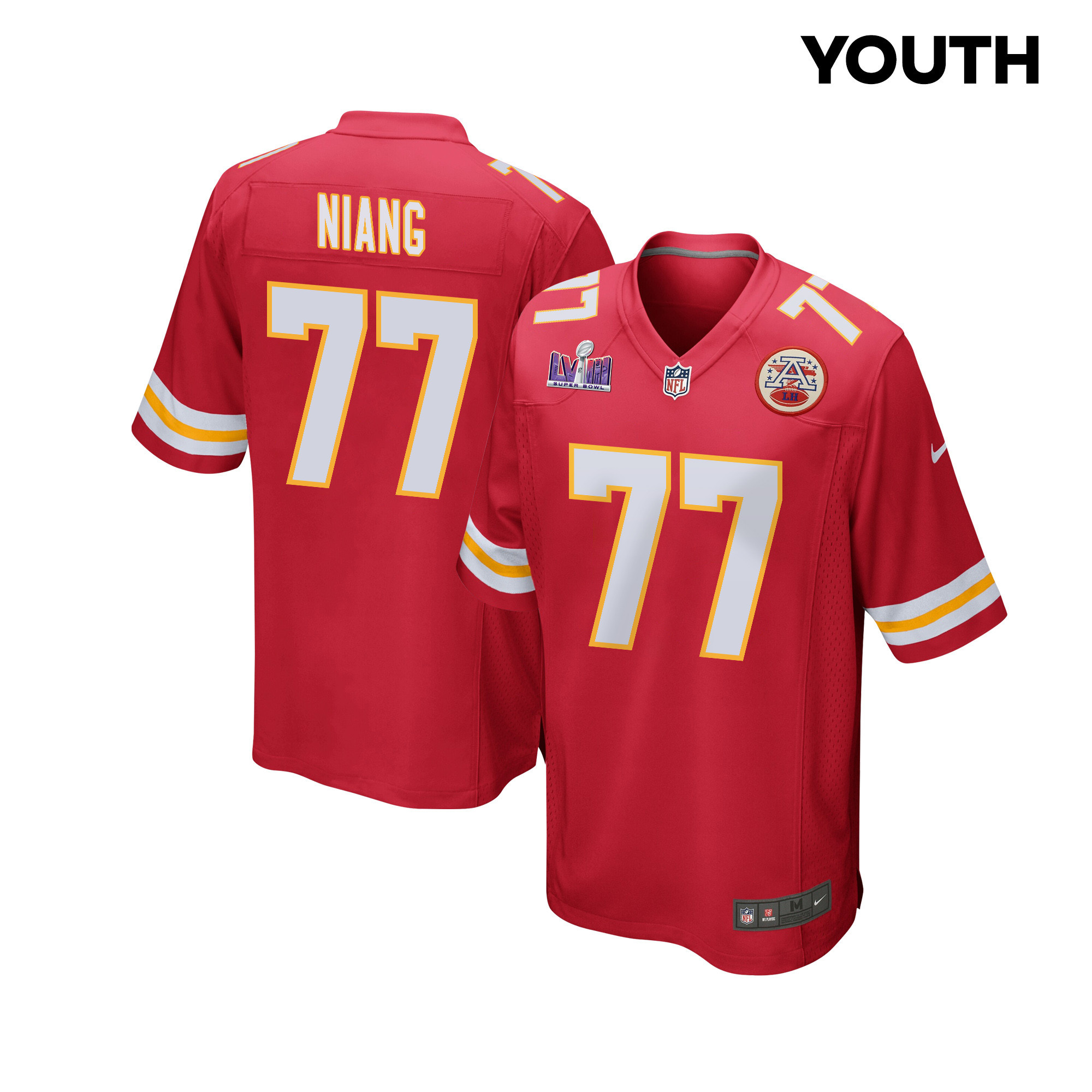 Lucas Niang 77 Kansas City Chiefs Super Bowl LVIII Patch Game Red NFL Jersey Youth