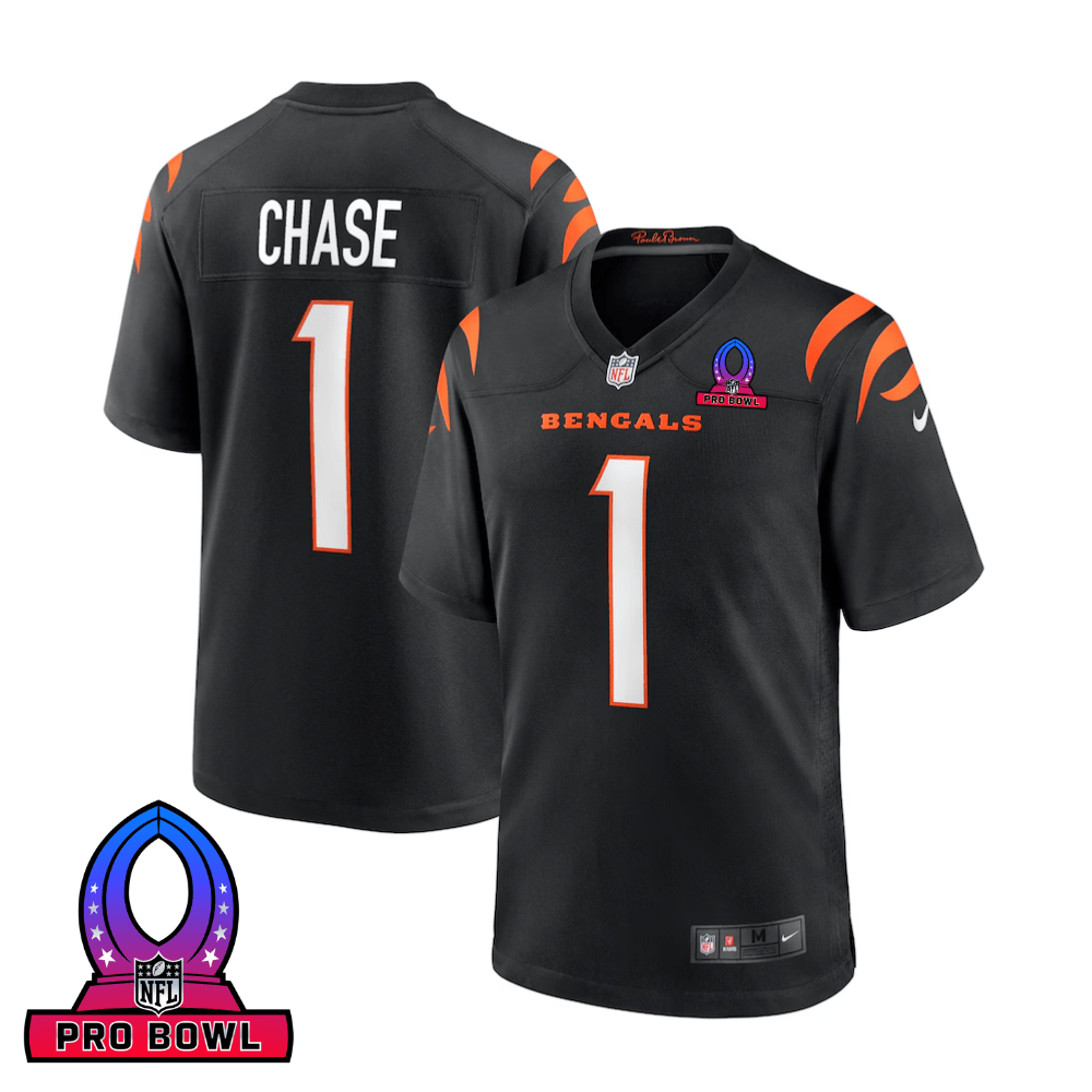 Ja'Marr Chase 1 Cincinnati Bengals 2025 Pro Bowl Patch Game Black NFL Jersey Men's