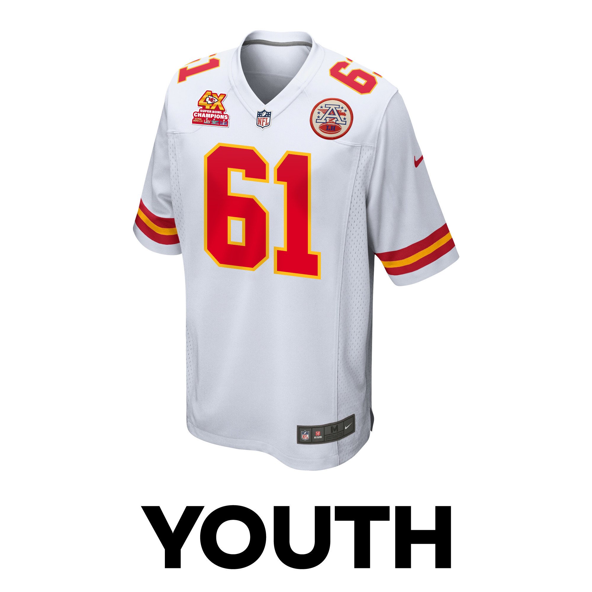 Austin Reiter 61 Kansas City Chiefs Super Bowl LVIII Champions 4X Game White NFL Jersey Youth