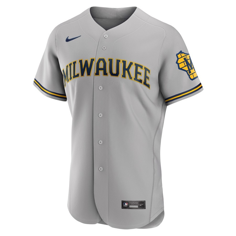 Milwaukee Brewers Road Team Logo Elite Gray MLB Jersey Men's