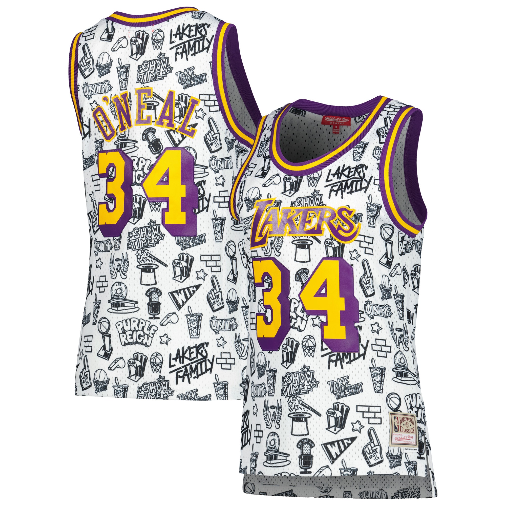 Mitchell Ness Shaquille O'Nea White Los Angeles Lakers 1996 Doodle Swingman NBA Jersey Women's