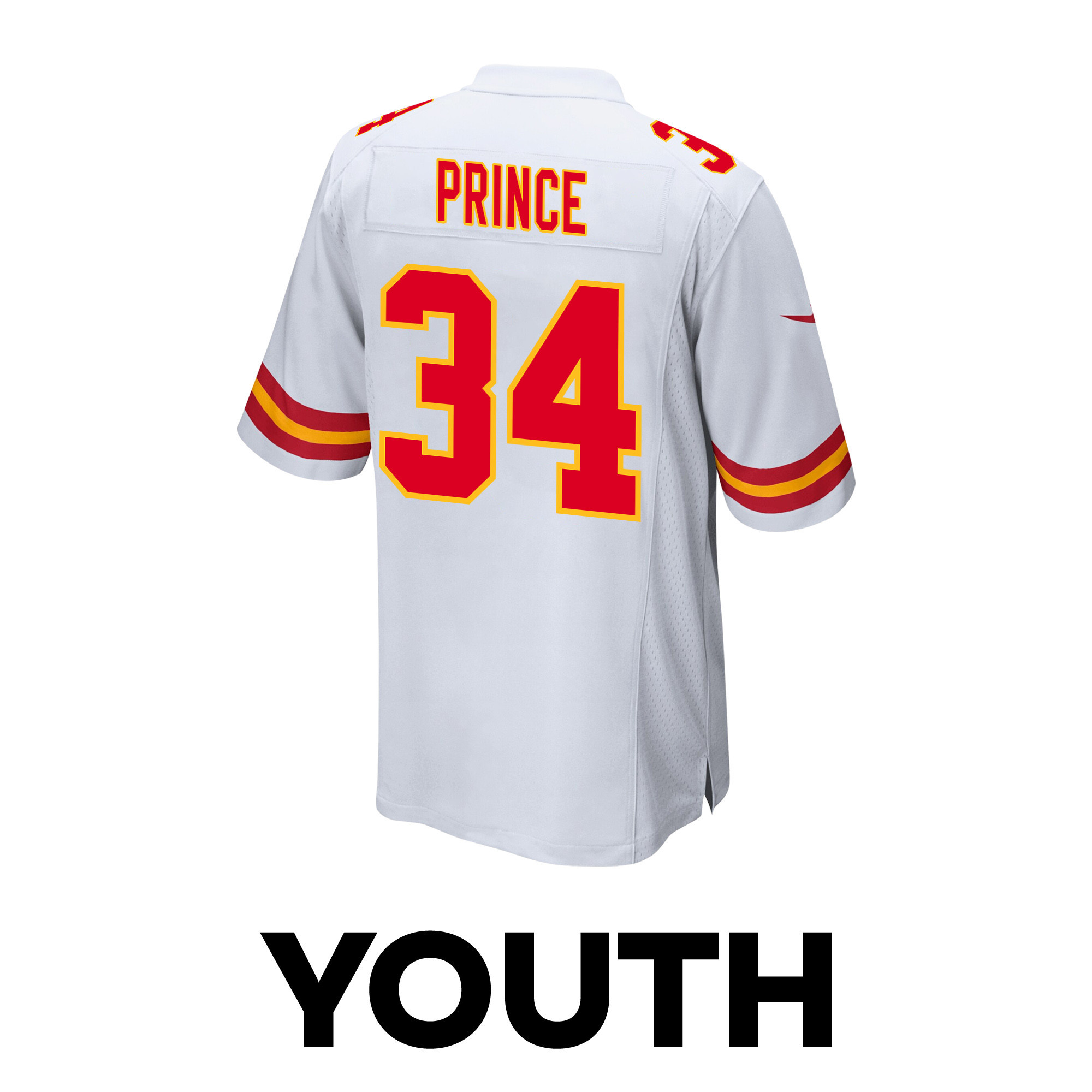 Deneric Prince 34 Kansas City Chiefs Super Bowl LVIII Champions 4 Stars Patch Game White NFL Jersey Youth