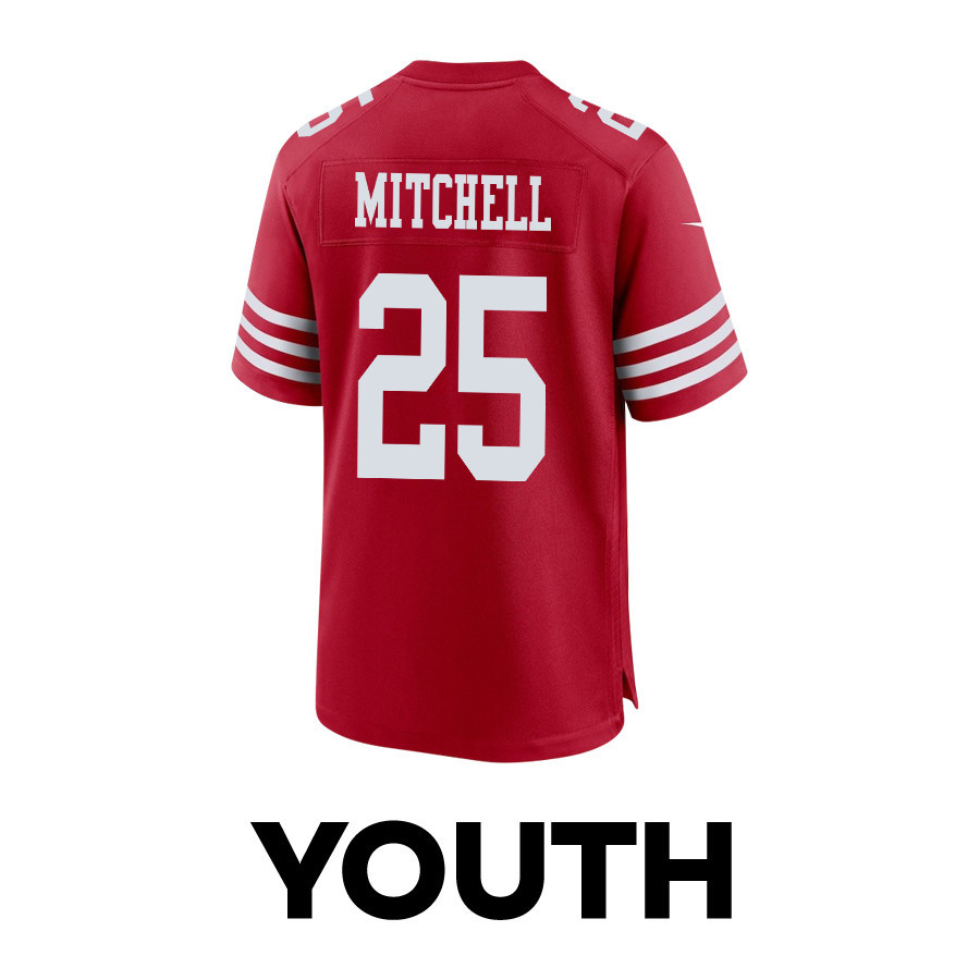 Elijah Mitchell 25 San Francisco 49ers Super Bowl LVIII Patch Game Scarlet NFL Jersey Youth