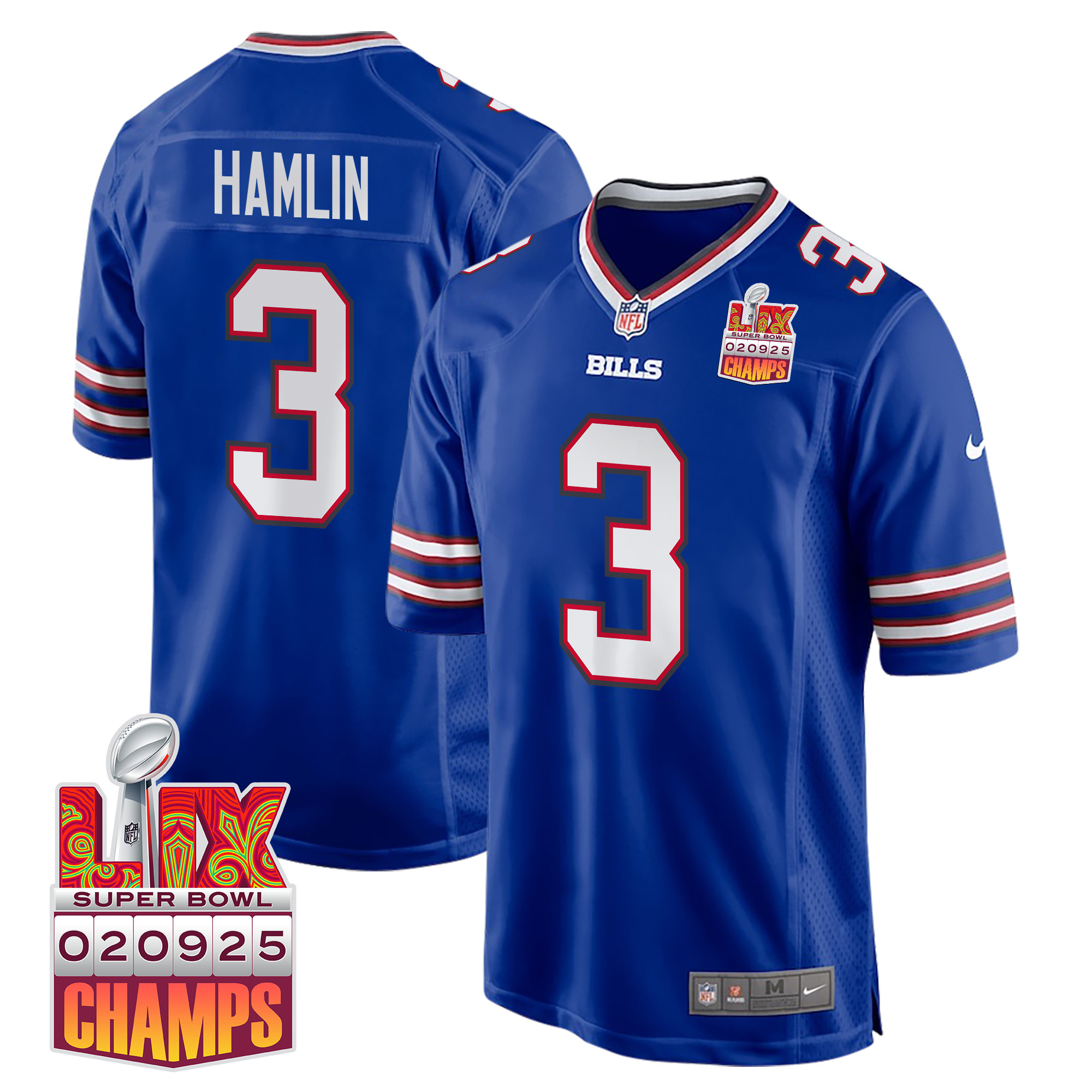 Damar Hamlin 3 Buffalo Bills Super Bowl LIX Champions Patch Game Royal NFL Jersey Men's