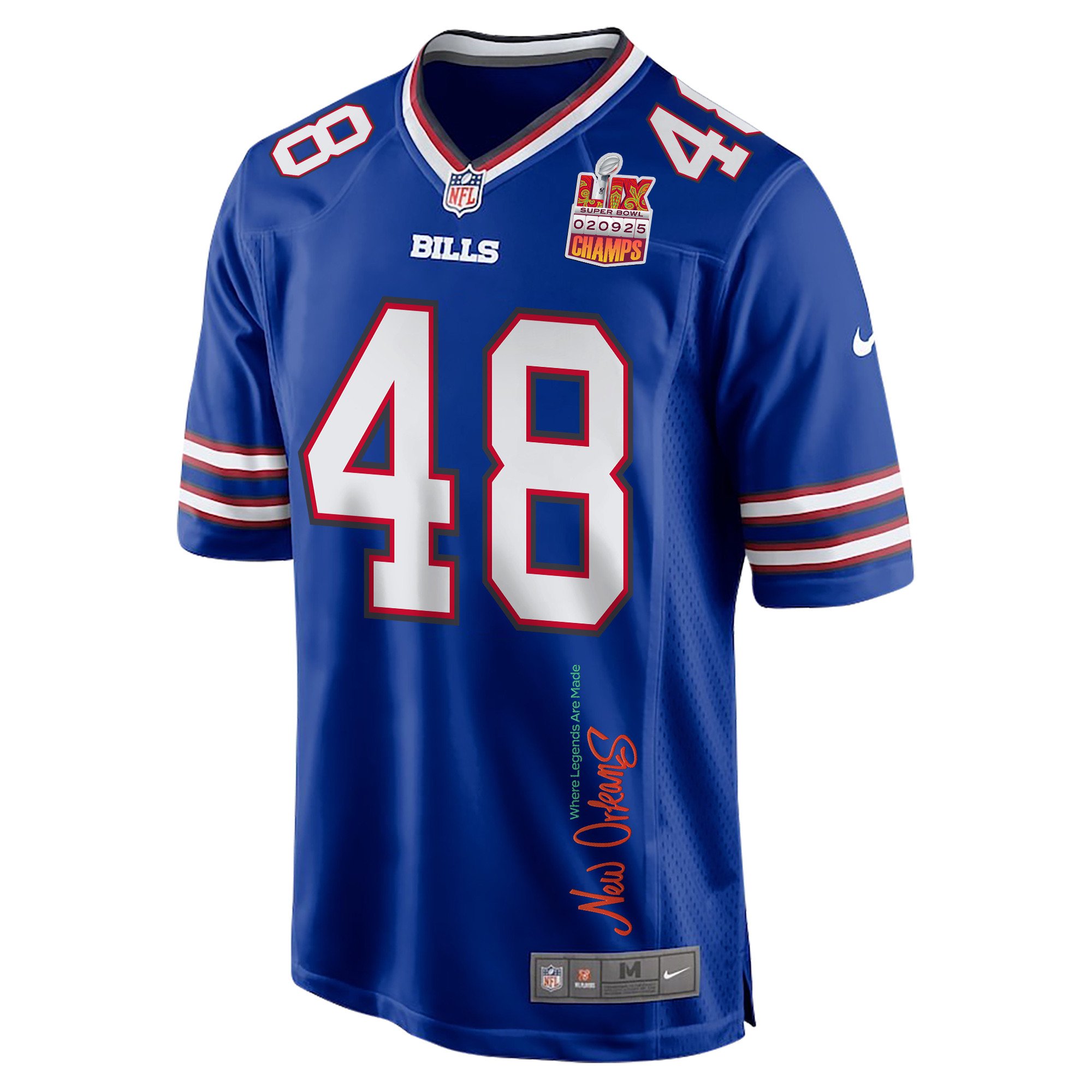 Edefuan Ulofoshio 48 Buffalo Bills Super Bowl LIX Champions Patch New Orleans Where Legends Are Made' EMBROIDERED Game Royal NFL Jersey Men's