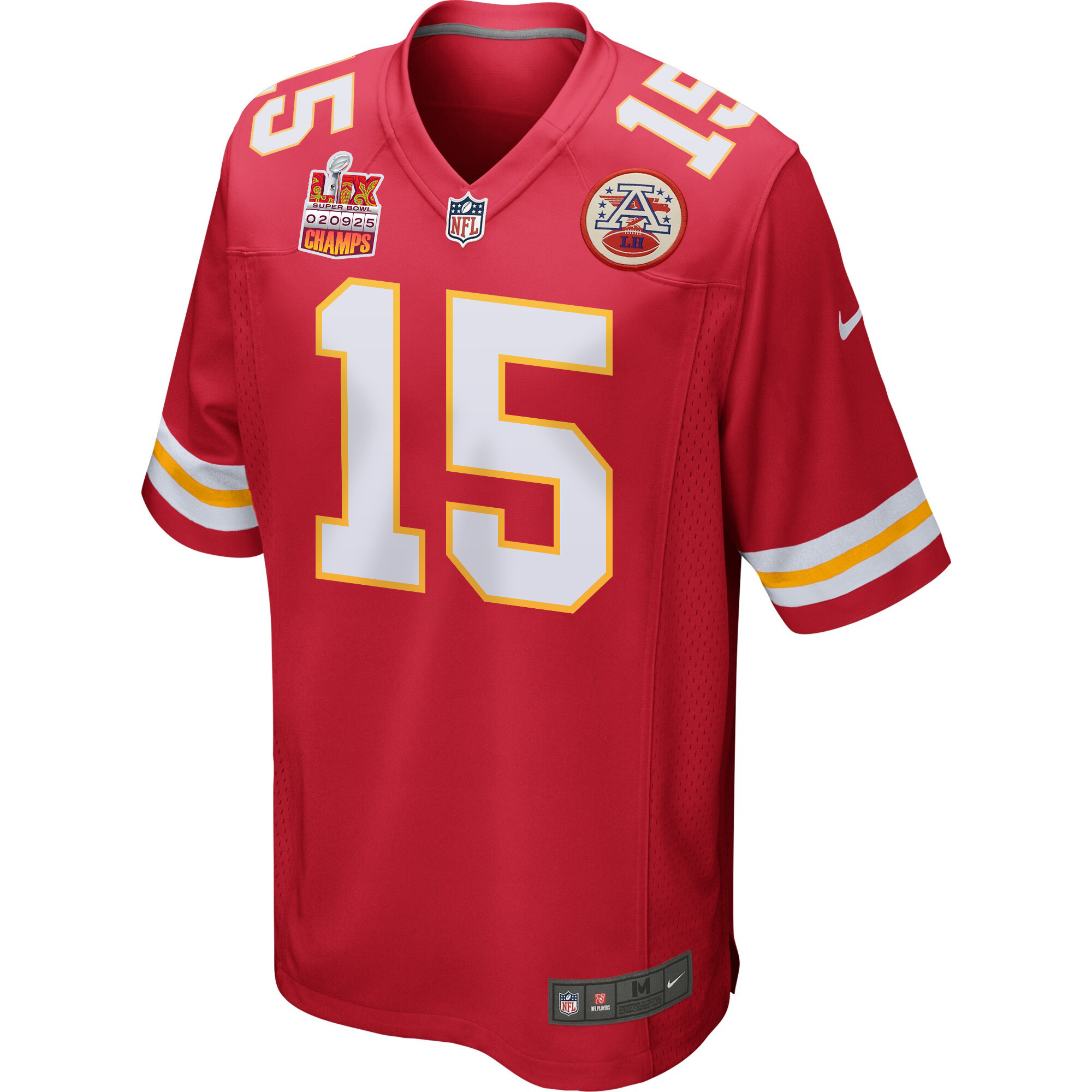 Patrick Mahomes 15 Kansas City Chiefs Super Bowl LIX Champions Patch Game Red NFL Jersey Men's