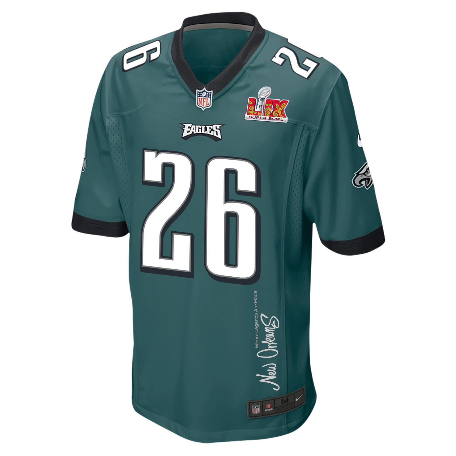Saquon Barkley 26 Philadelphia Eagles Super Bowl LIX New Orleans Where Legends Are Made' EMBROIDERED Game Midnight Green NFL Jersey Men's