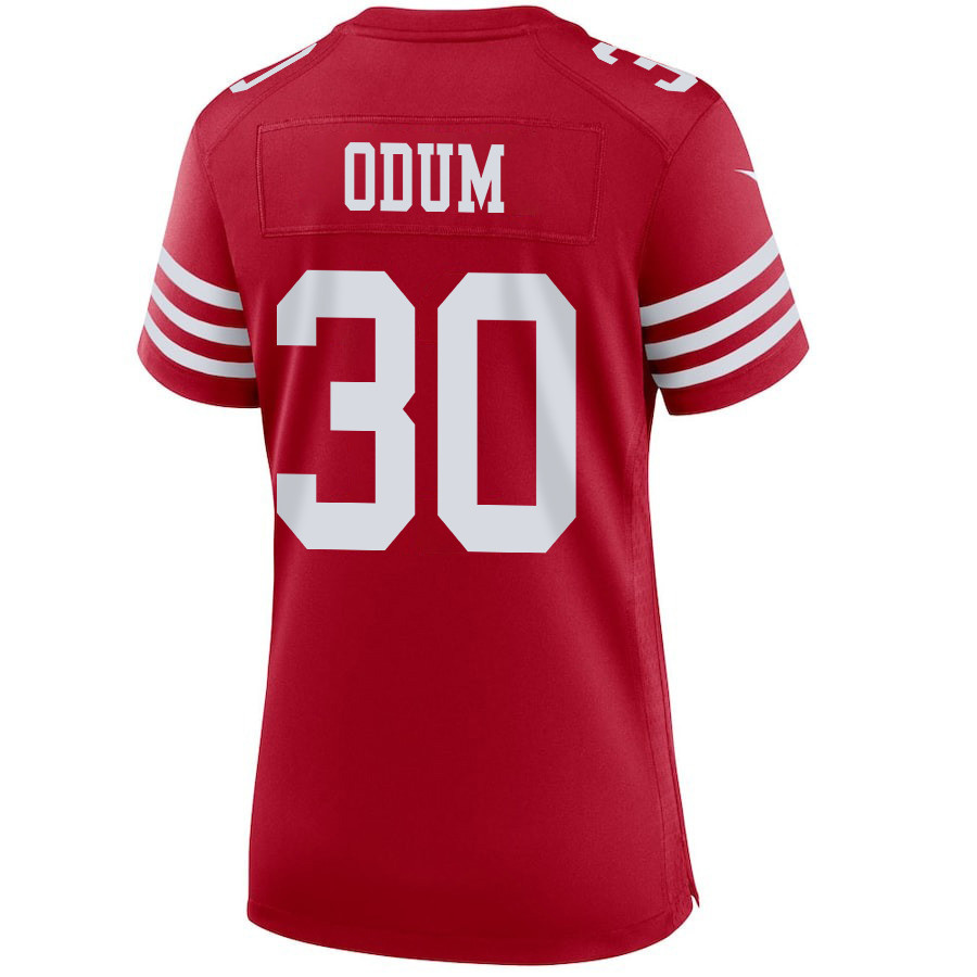 George Odum 30 San Francisco 49ers Super Bowl LVIII Patch Game Scarlet NFL Jersey Women's
