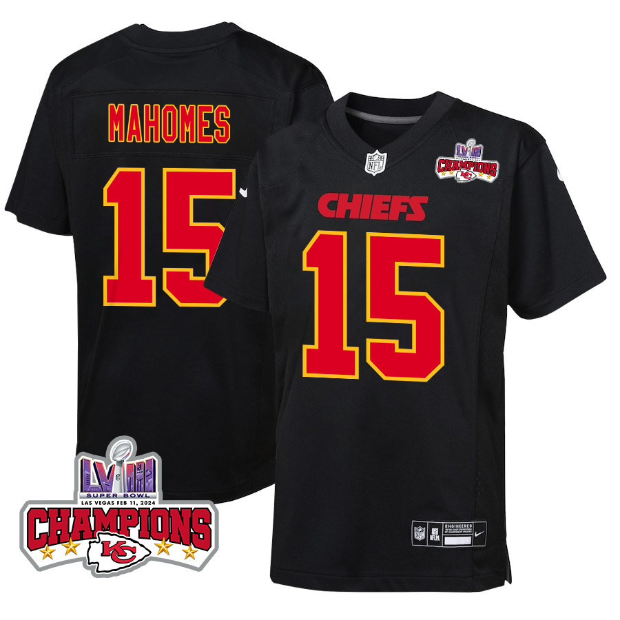 Patrick Mahomes 15 Kansas City Chiefs Super Bowl LVIII Champions 4 Stars Patch Fashion Game Carbon Black NFL Jersey Youth
