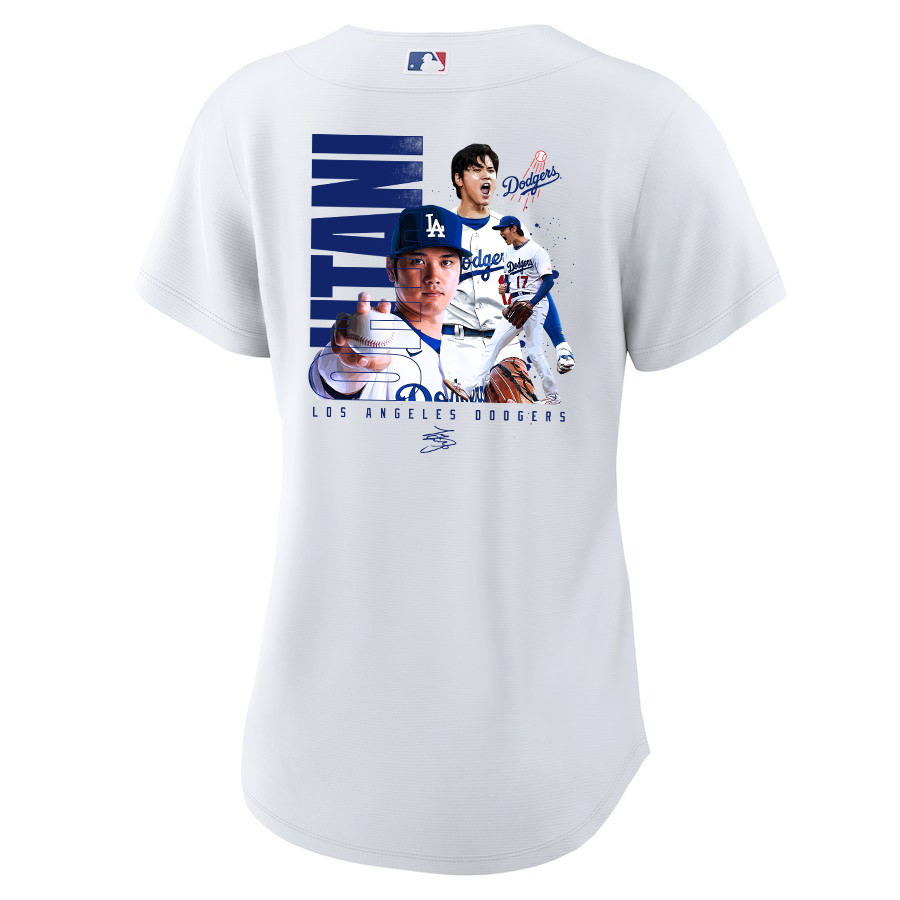 Shohei Ohtani 17 Los Angeles Dodgers Signed Name 2023 Home White MLB Jersey Women's