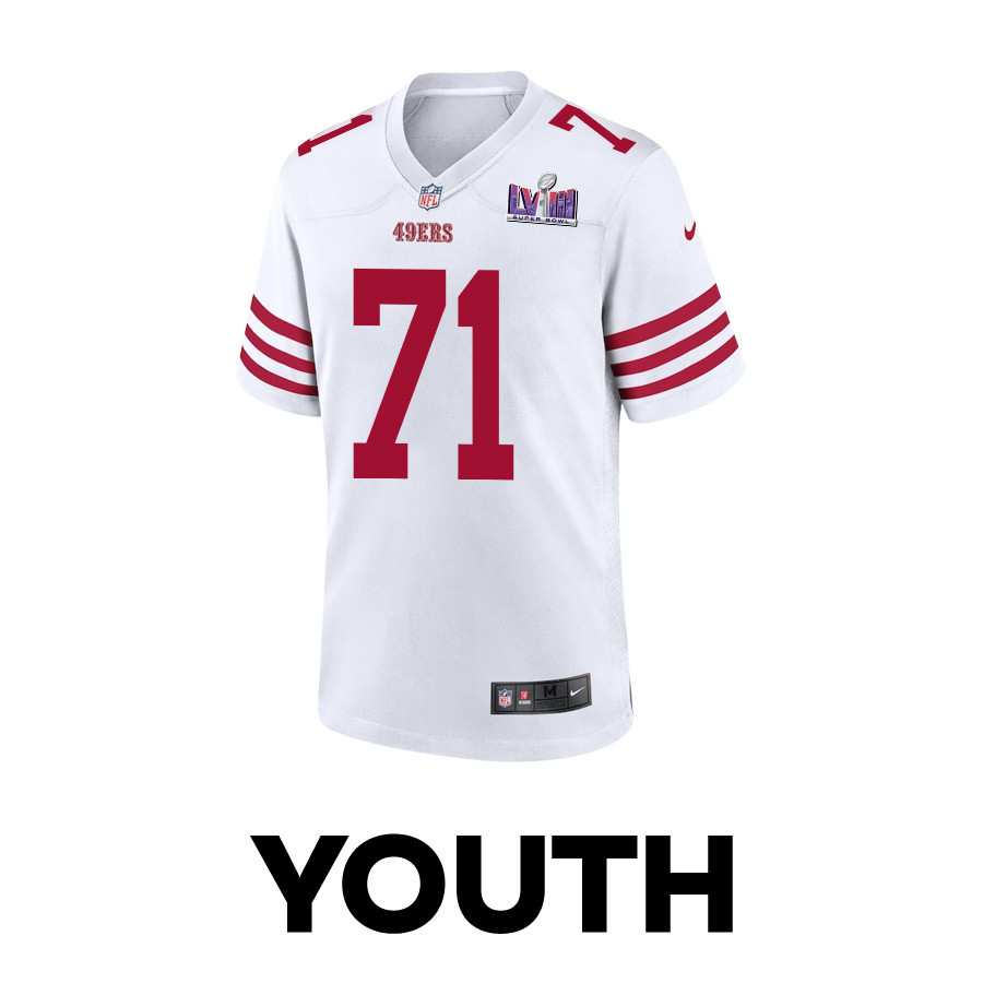 Trent Williams 71 San Francisco 49ers Super Bowl LVIII Patch Game White NFL Jersey Youth