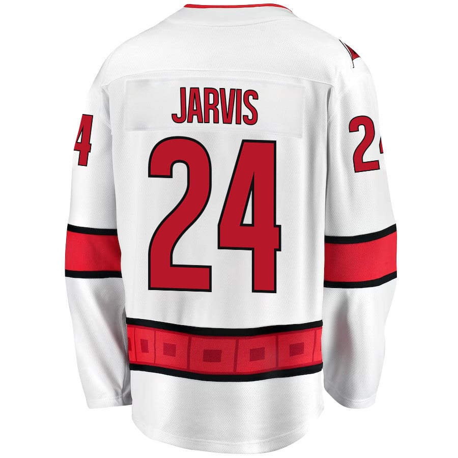 Seth Jarvis 24 Carolina Hurricanes Stanley Cup 2023 Playoffs Patch Away Breakaway White NHL Jersey Men's
