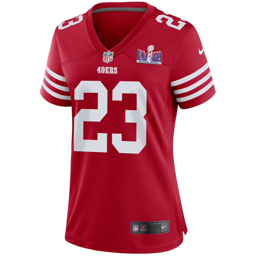 Christian McCaffrey 23 San Francisco 49ers Super Bowl LVIII Patch Game Scarlet NFL Jersey Women's